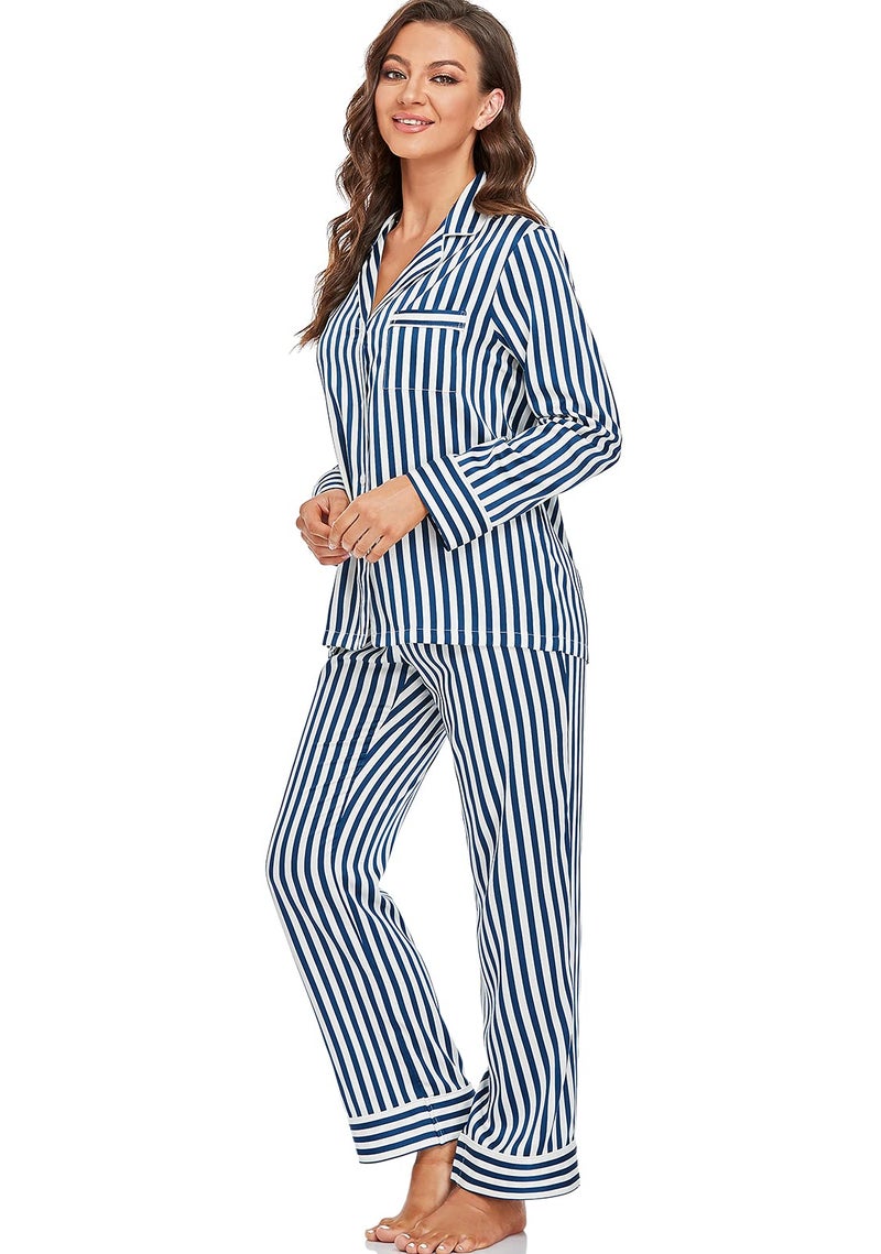 Serenedelicacy Women's Satin Pajama Set Long Sleeve Button Down Sleepwear 2-Piece Silky Pj Set (Medium, Navy/Ivory, Stripe) - Image 3